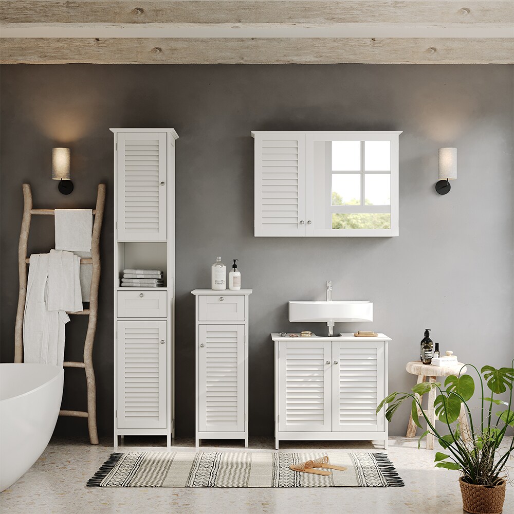 Vicco Badmöbel-Set Riad, Weiß, Badezimmer, moderne Badserie, Lamellen-Front, Waschtischunterschrank, Spiegelschrank, Midischrank, Hochschrank