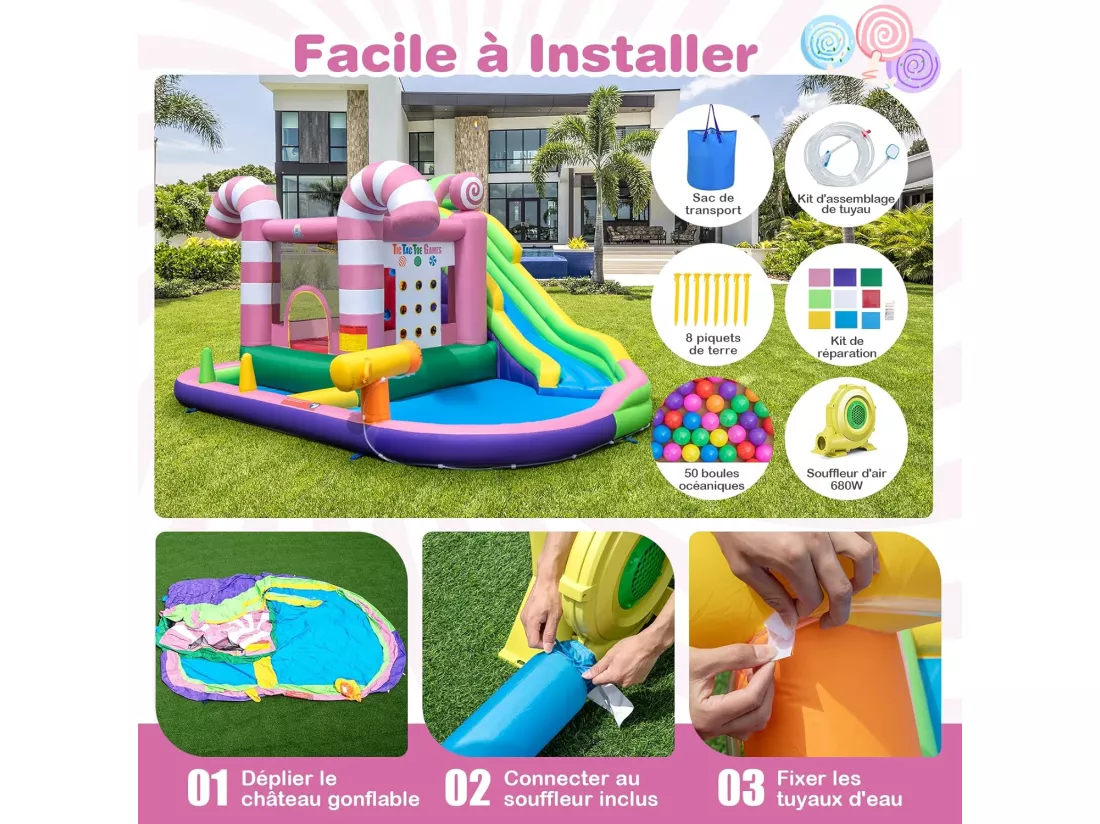 9 en 1 Château Gonflable en Forme Bonbons avec Toboggan, Maison de Saut Gonflable avec Pistolet à Eau, Jeu Tic-Tac-Toe, 50 Boules, Charge 90kg pour 2 Enfants de 3-10 Ans（avec souffleur 680W