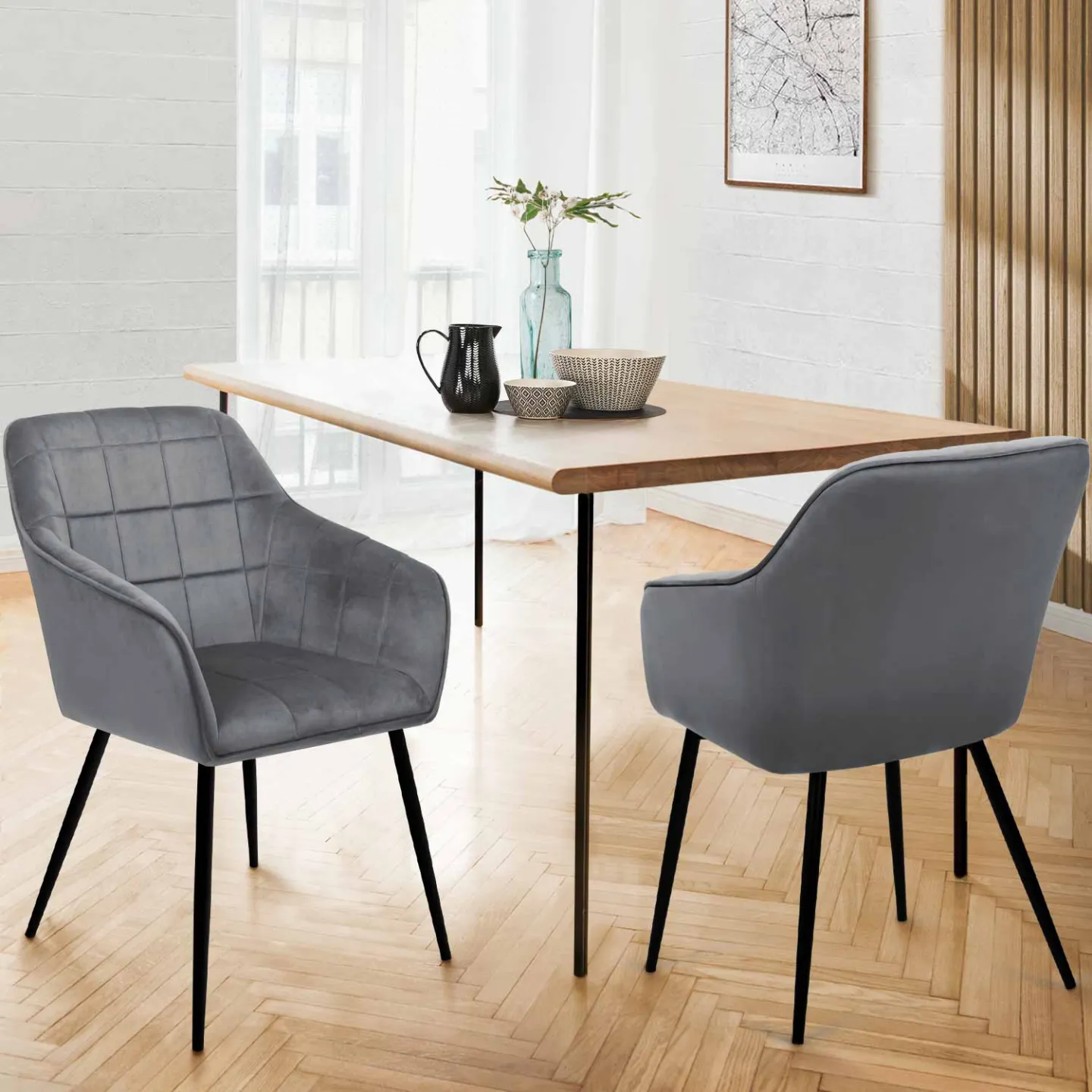 Lot de 2 chaises de salle à manger, fauteuils de table MADY en velours gris clair