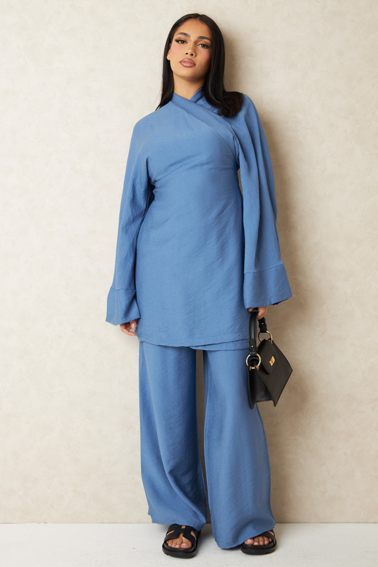 Ensemble 2 pièces blouse + pantalon bleu violet a noué