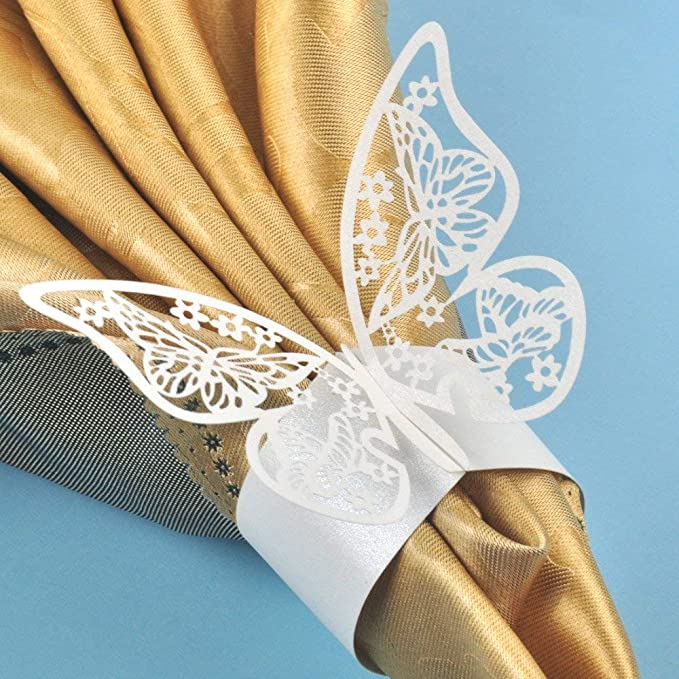 (50er Set) Ø4cm Papier Serviettenring Tischdeko Faltbare Tuchhalterung Schmetterling - Rosa