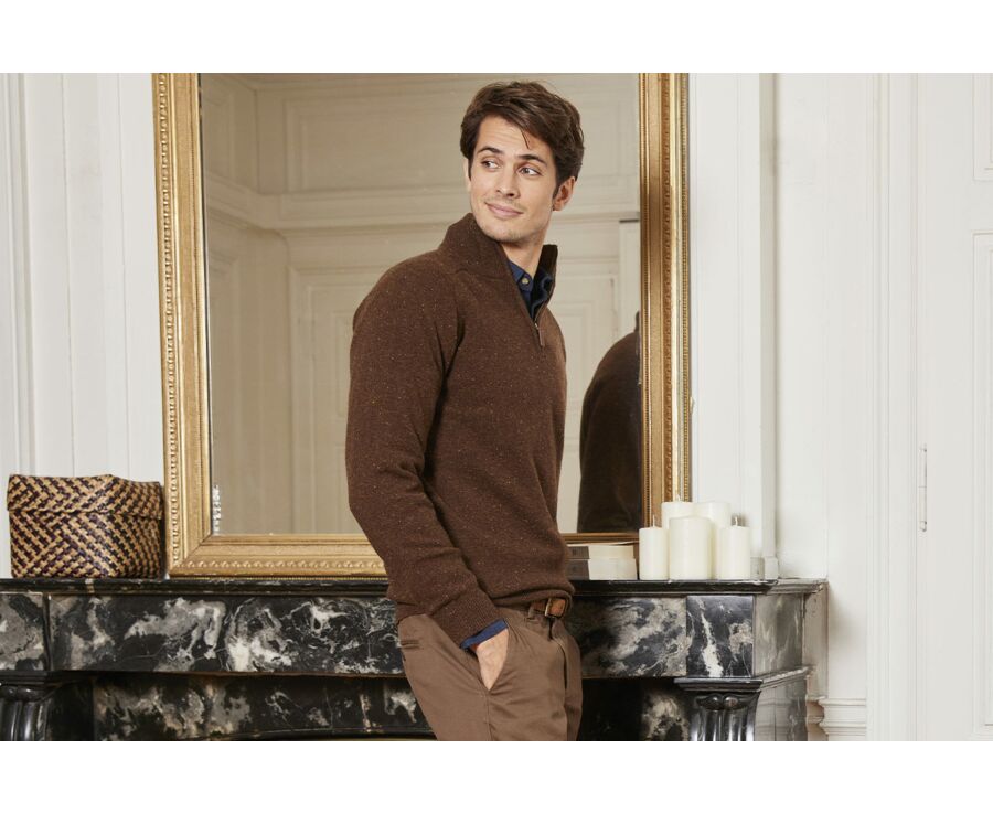 Pull col zippé homme laine Chocolat Tweedé - KENNETH