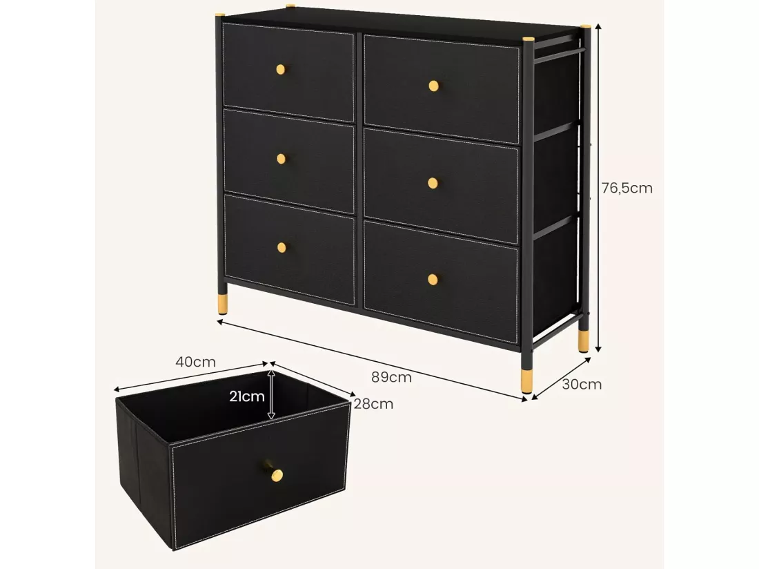 Commode Chambre, Commode Chambre Adulte 6 Tiroirs en Cuir PU et Tissu Pliable, Cadre en Métal, Chiffonnier Moderne avec Poignée Doré, Commode Rangement pour Salon, Entrée, Noir (6 Tiroirs)