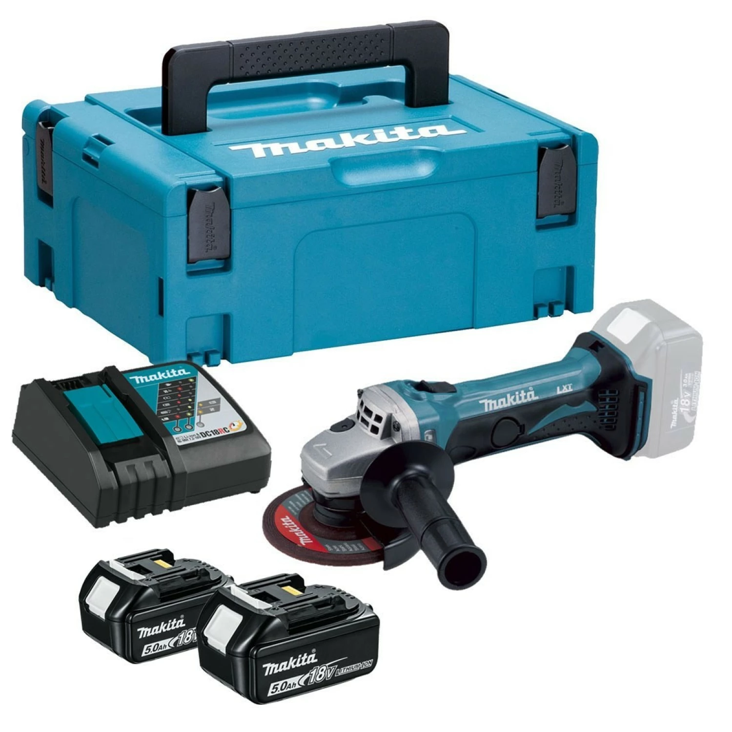 Makita DGA452RTJ 18V Li-ion Accu haakse slijper set (2x 5.0Ah accu) in Mbox - 115mm