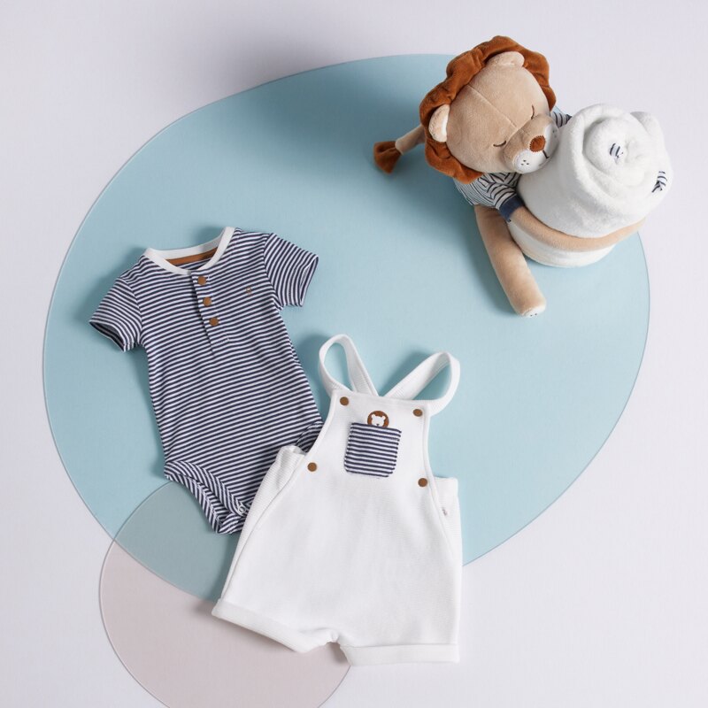 Doudou lion rayé et plaid bleu naissance Bleu