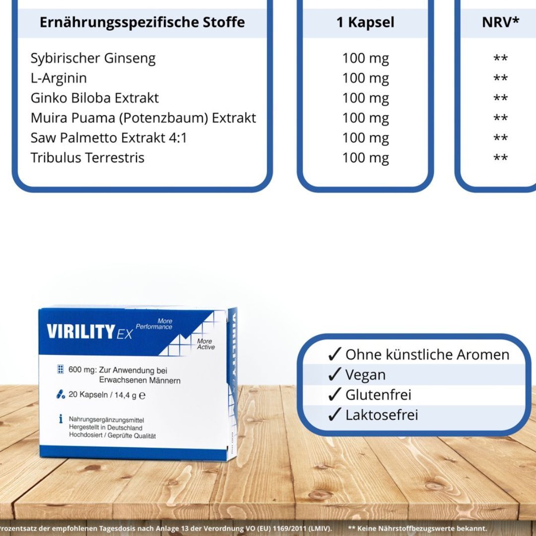 Kapseln für den aktiven Mann, 20 St. | Hochdosierte komplexe Formel | Virility Ex