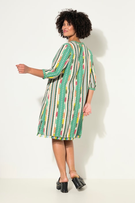Kleid, kurze A-Line, Musterstreifen, Knopfleiste, 3/4-Ärmel