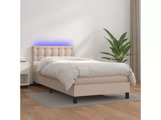 Sommier tapissier matelas et LED Cappuccino 90x190cm Similicuir