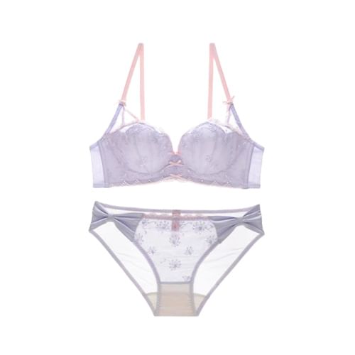 Sancus - Draadloze bh/slip/set met geborduurde bloemenstrik