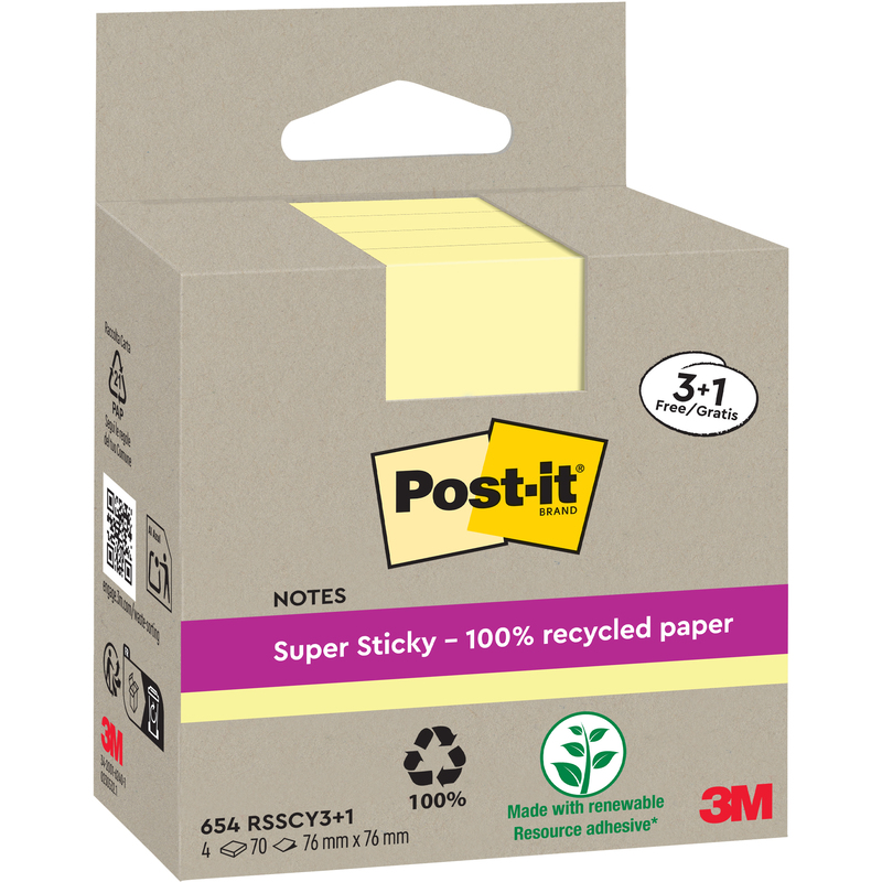 Post-it Haftnotizen Super Sticky Recycling, gelb, 76 x 76 mm, 4 x 70 Blatt