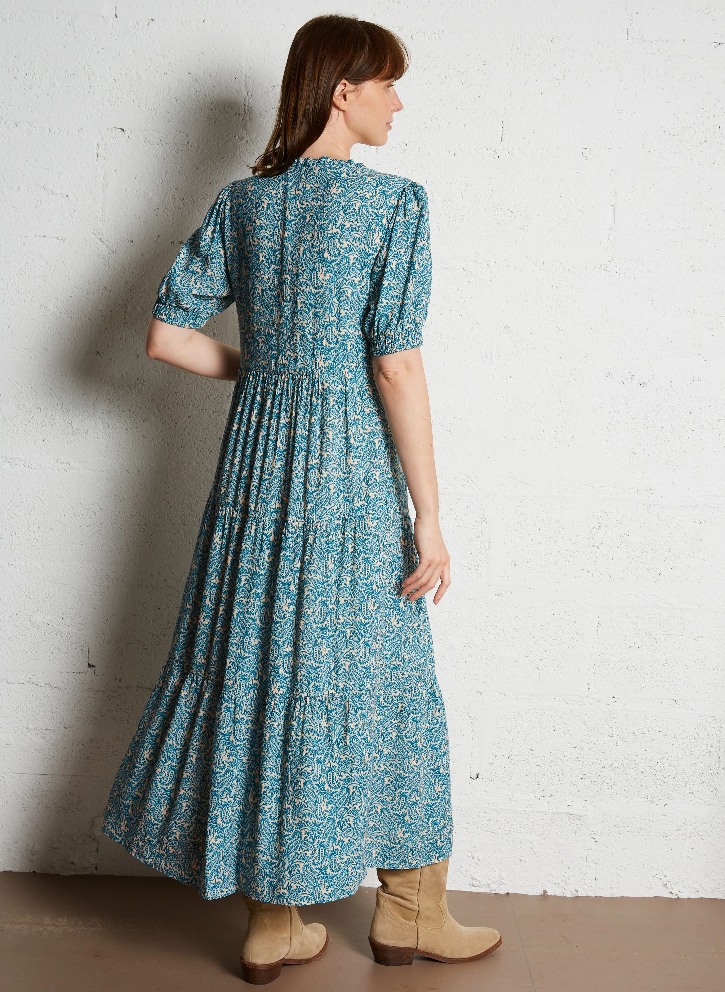 MANALE - Robe longue col tunisien imprimé | Bleu