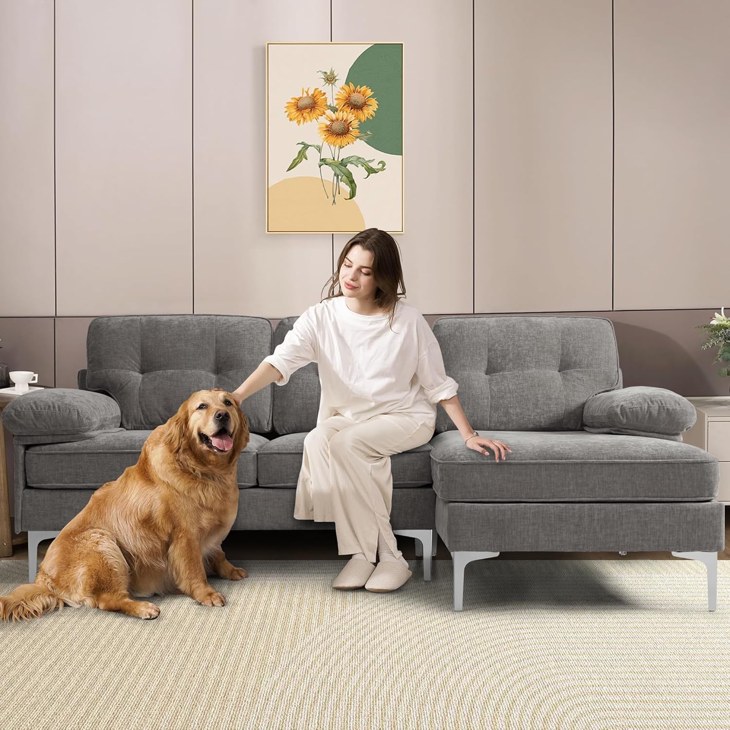 Ecksofa 3-Sitzer Sofas 210cm breit Polsterecke mit Federkern Kissen und Rückenlehnen abnehmbar und waschbar - Chaiselongue beidseitig montierbar Couch L-Form fürs Wohnzimmer (Grau)