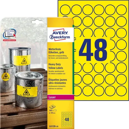 Avery Zweckform L6128-20 Wetterfeste Folien-Etiketten, Ø 30 mm, 20 Bogen/960 Etiketten, gelb