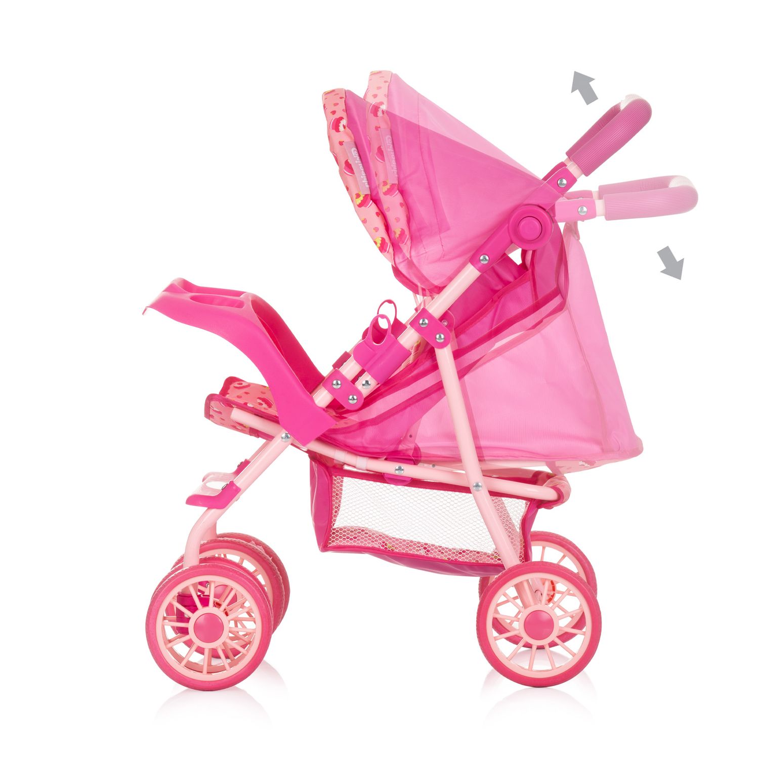 Chipolino Puppenwagen Dolly Korb faltbar Frontbügel Fußstütze Griff verstellbar rosa