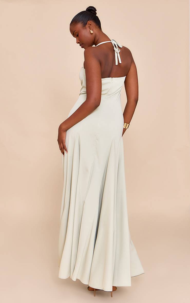 Vert Sauge Robe Longue Tissée À Encolure Américaine Avec Détail Froncé Au Buste