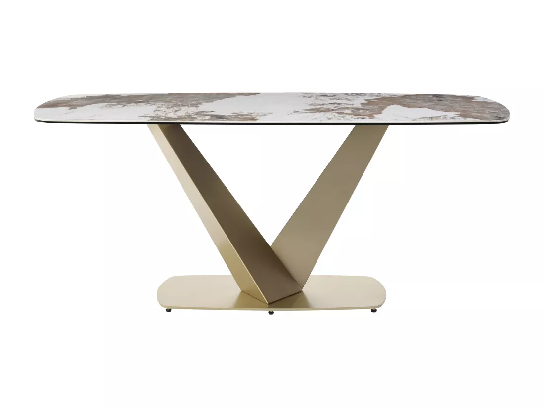 Table à manger 6 personnes en céramique, verre trempé et métal doré - Effet marbre blanc et gris - PORELIMA de Maison Céphy