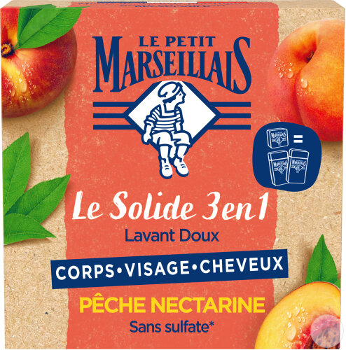 Le Petit Marseillais Le Solide 3en1 Lavant Doux Pêche Nectarine Corps Visage Et Cheveux 80g