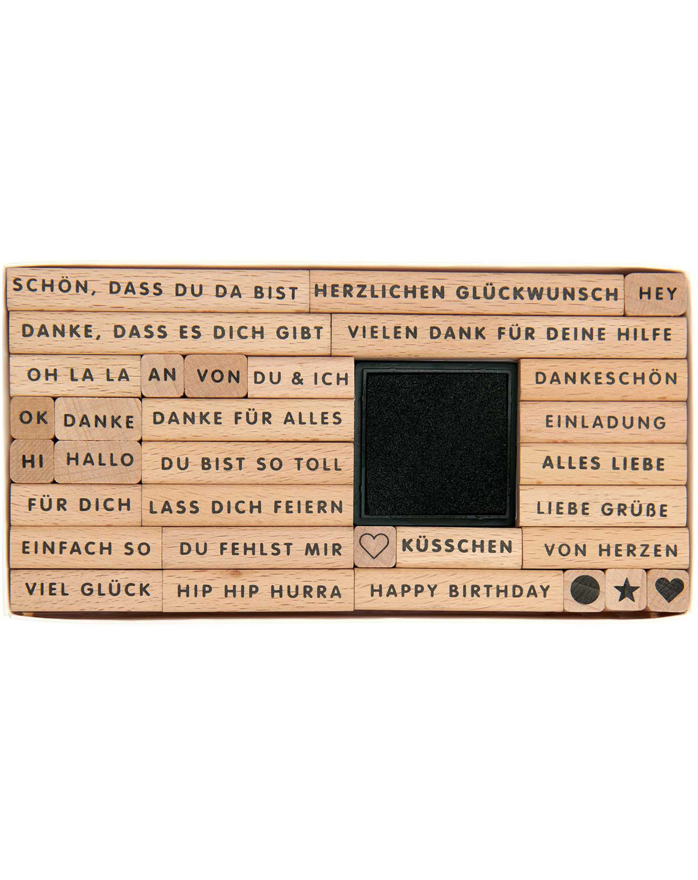 Stempelset GLÜCKWÜNSCHE 32-teilig aus Holz