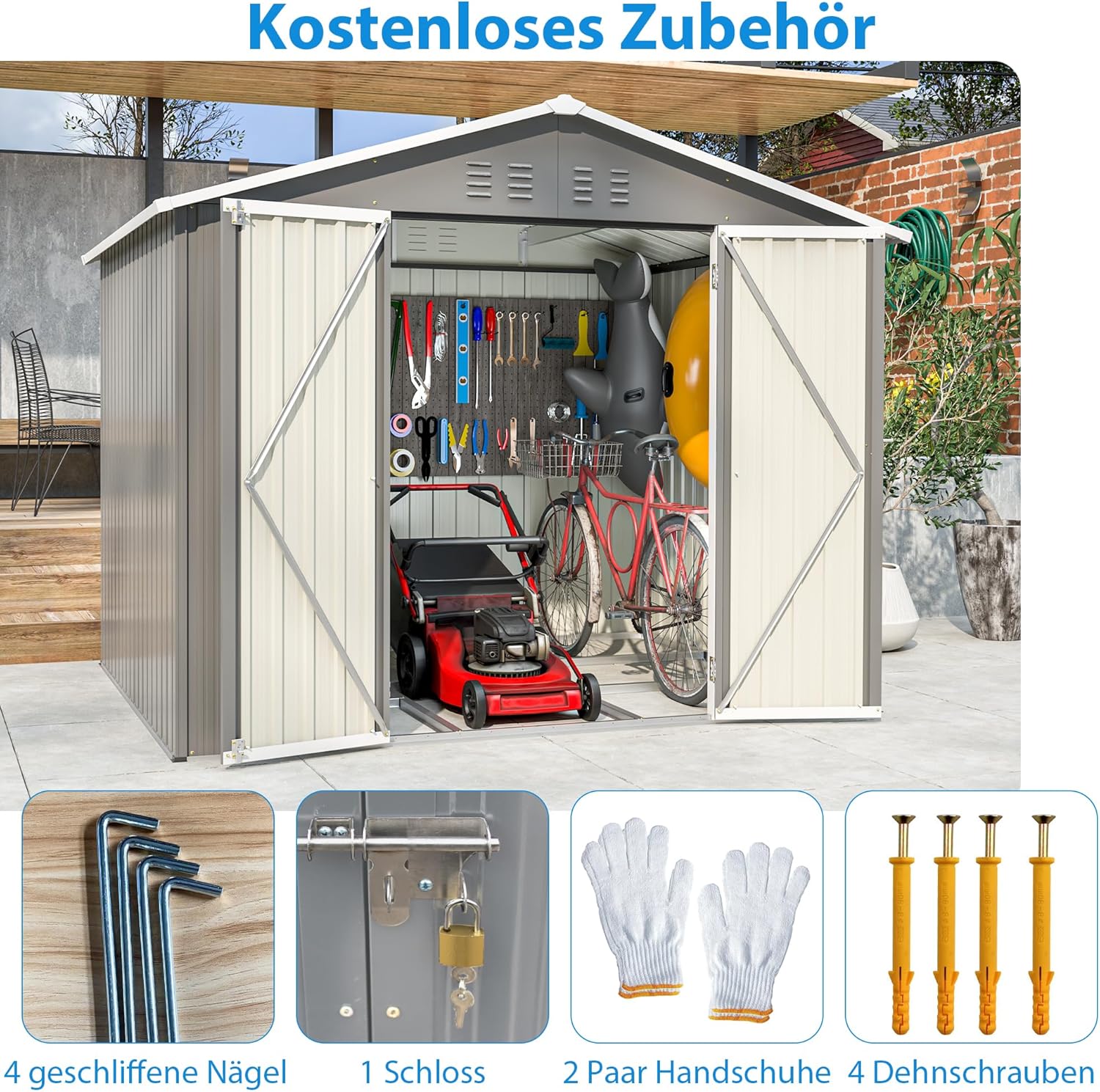 Metall Gerätehaus 9m³ Gerätehaus mit Pultdach,Gartenhaus Geräteschuppen Garten Schuppen Inkl. Metallfundament (ohne Boden), Geräteschrank für Garten,Grau