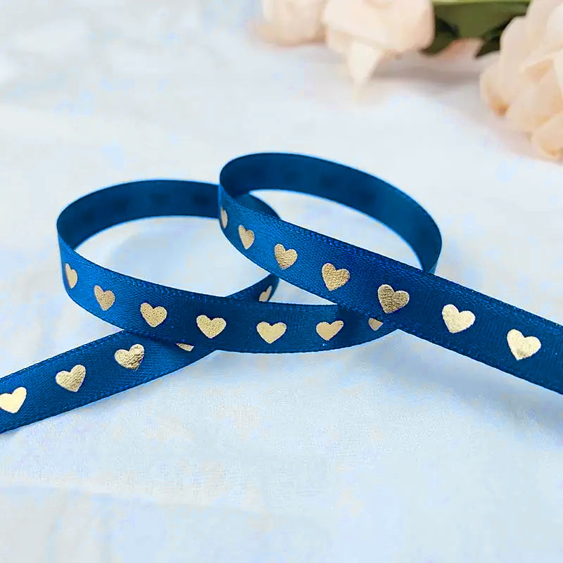 (1cmx35m) Geschenkband Satin Deko Band mit Herz Print - Dunkelblau