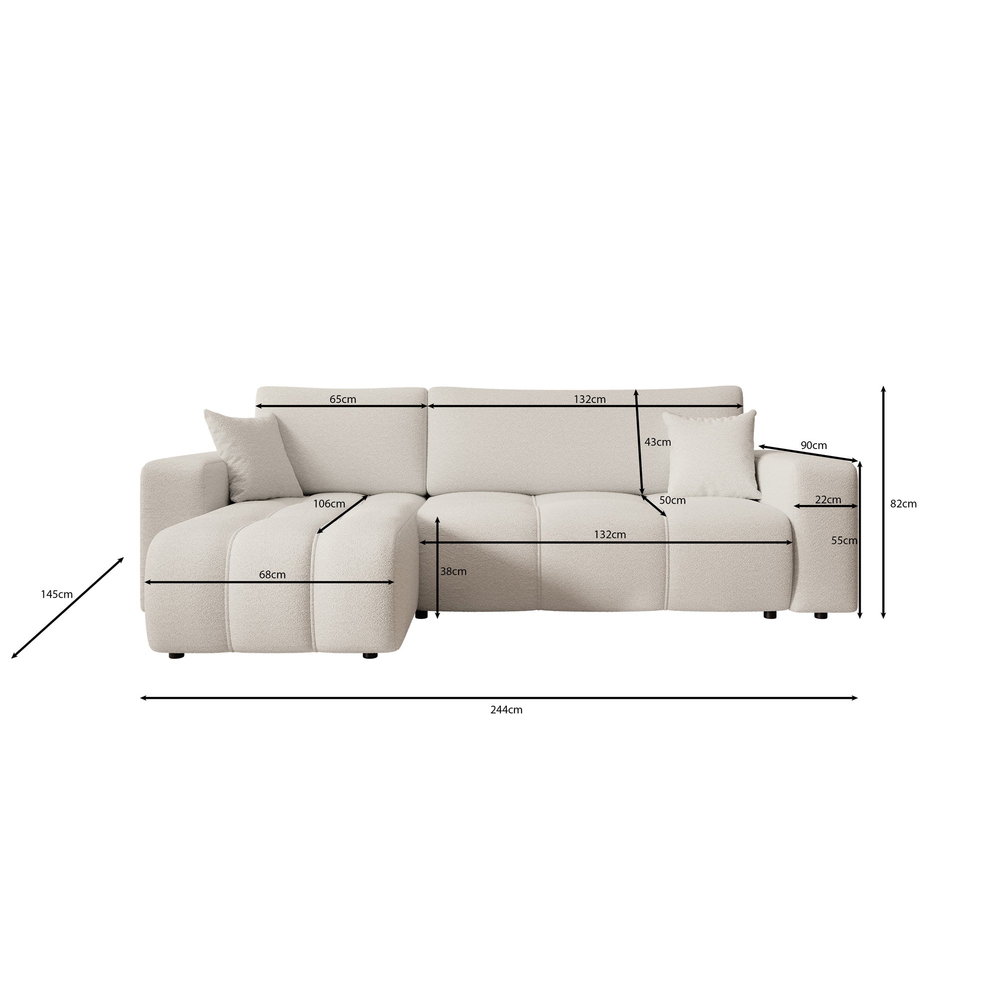 Feather - Hoekbank 3-zits met chaise longue - Teddystof wit - Universeel