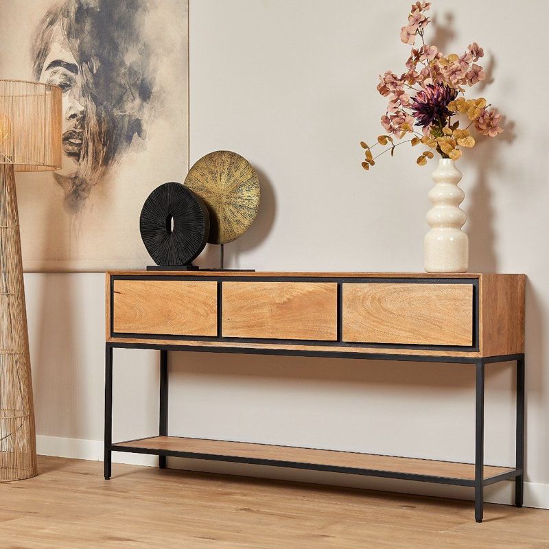 Sidetable - Bruin - Mangohout - 150 cm - Zwarte Accenten