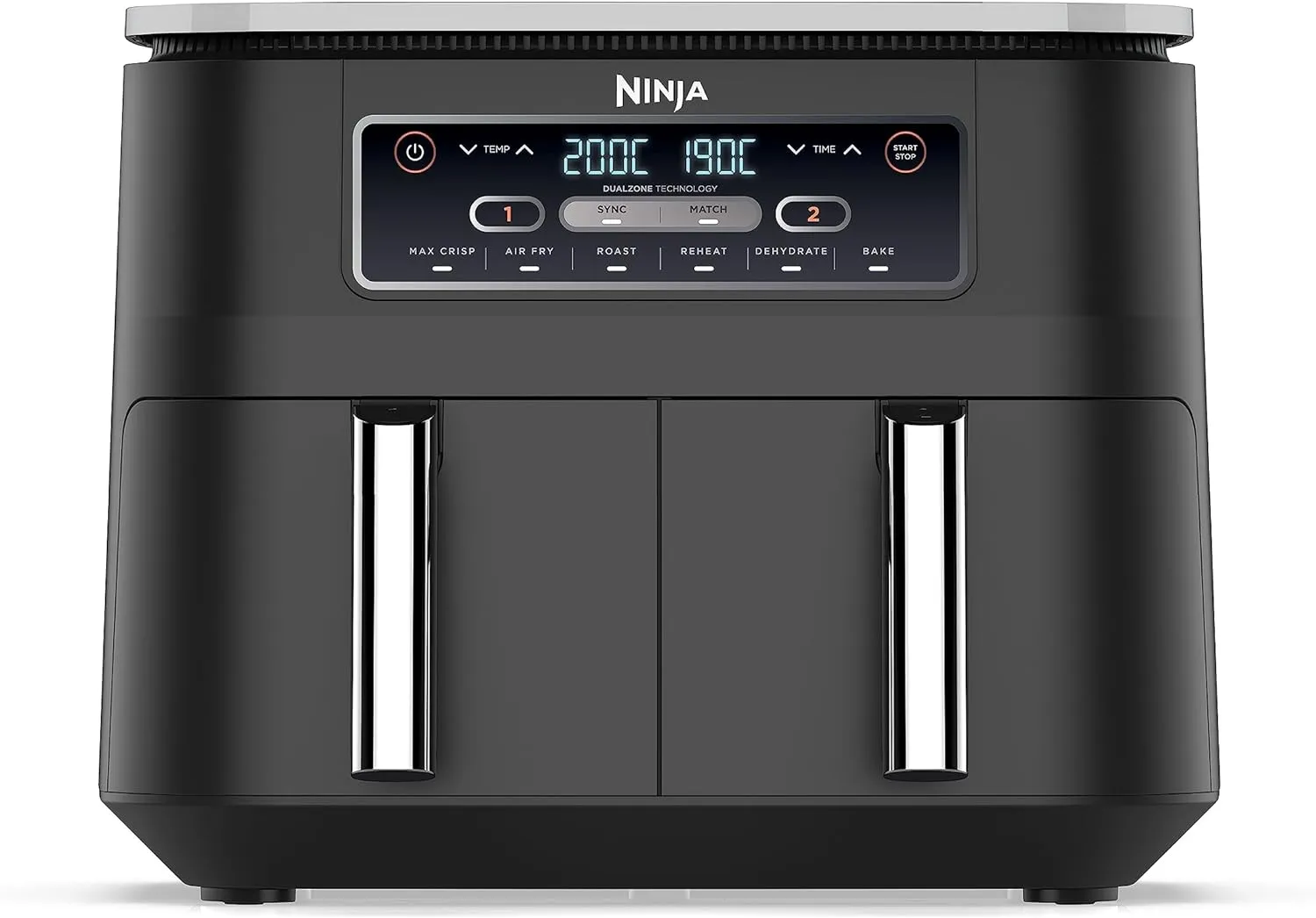Ninja Foodi Dual Zone Digitale Heißluftfritteuse, 7,6L Airfryer, 2 Fächer, Antihaftbeschichtung, spülmaschinenfeste Körbe, 6-in-1, 4-6 Portionen, Schwarz AF300EU