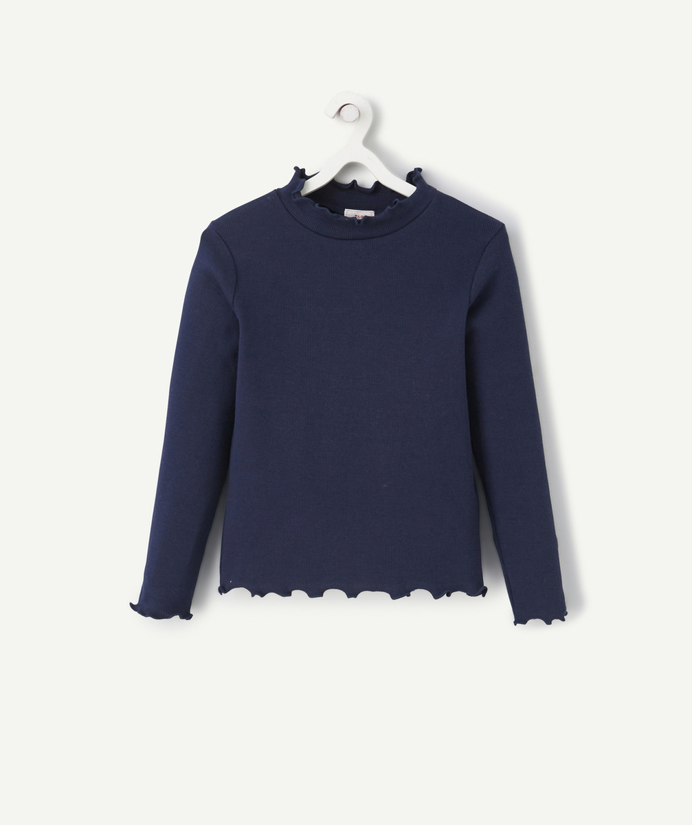 SOUS-PULL CÔTELÉ FILLE EN COTON BIO MARINE AVEC FESTONS