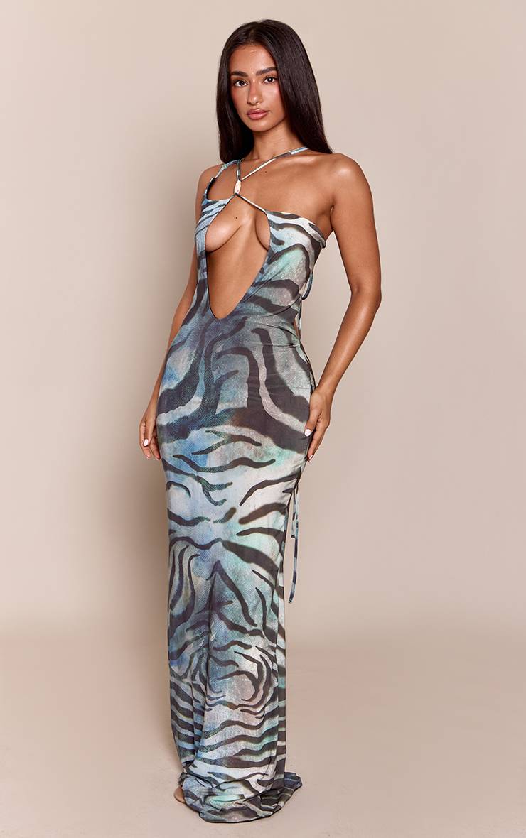 Bleu Robe Maxi À Imprimé Abstrait Flou Double Couche Toucher Doux Détail De Perles