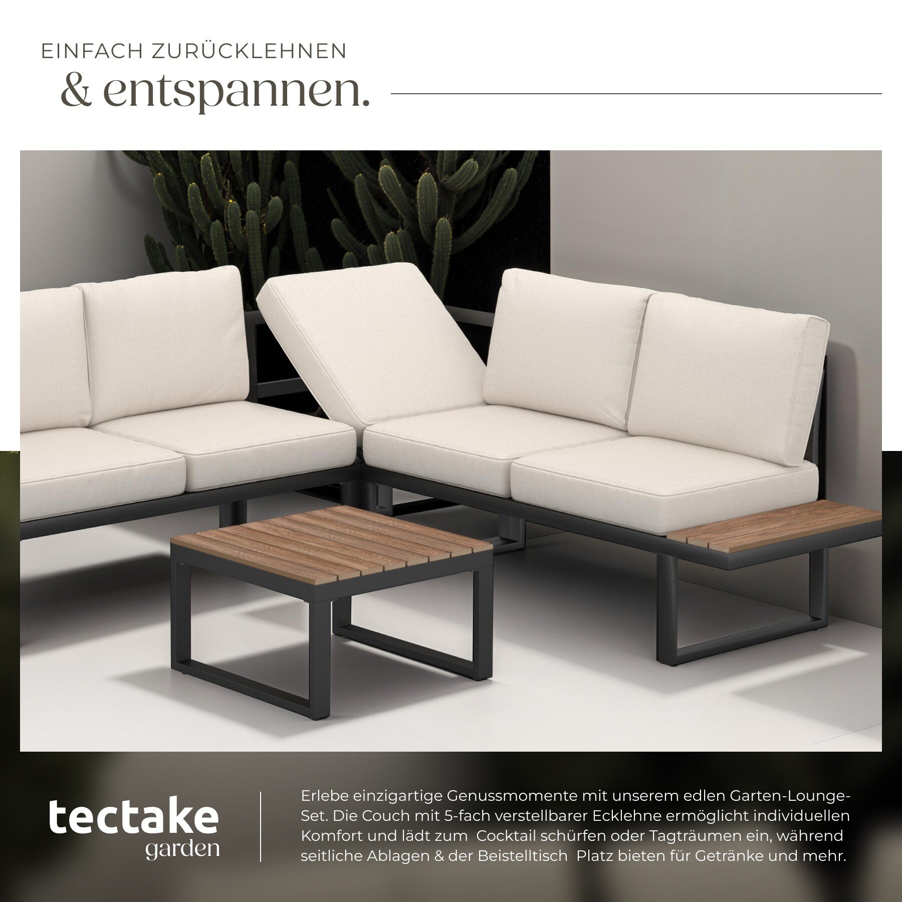 tectake® Garten-Lounge-Set, mit Aluminiumgestell, pulverbeschichtet, dicke Polster mit abnehmbaren Bezügen, höhenverstellbare Ausgleichsschrauben
