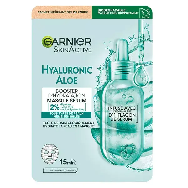 Máscara de tecido hidratante Garnier com ácido hialurônico e aloe vera.