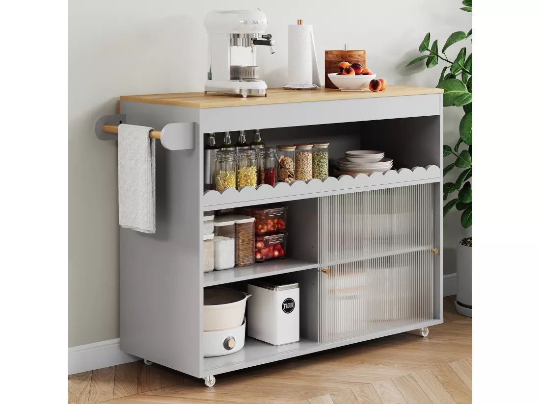 Ilot central de cuisine mobile avec 2 portes coulissantes - plateau extensible - 122x46/69x91 cm - Bois MDF - Gris + naturel