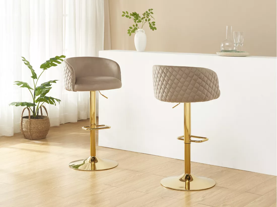 Lot de 2 tabourets de bar en velours et métal doré - Hauteur réglable - Beige - PERLANITA de Pascal Morabito