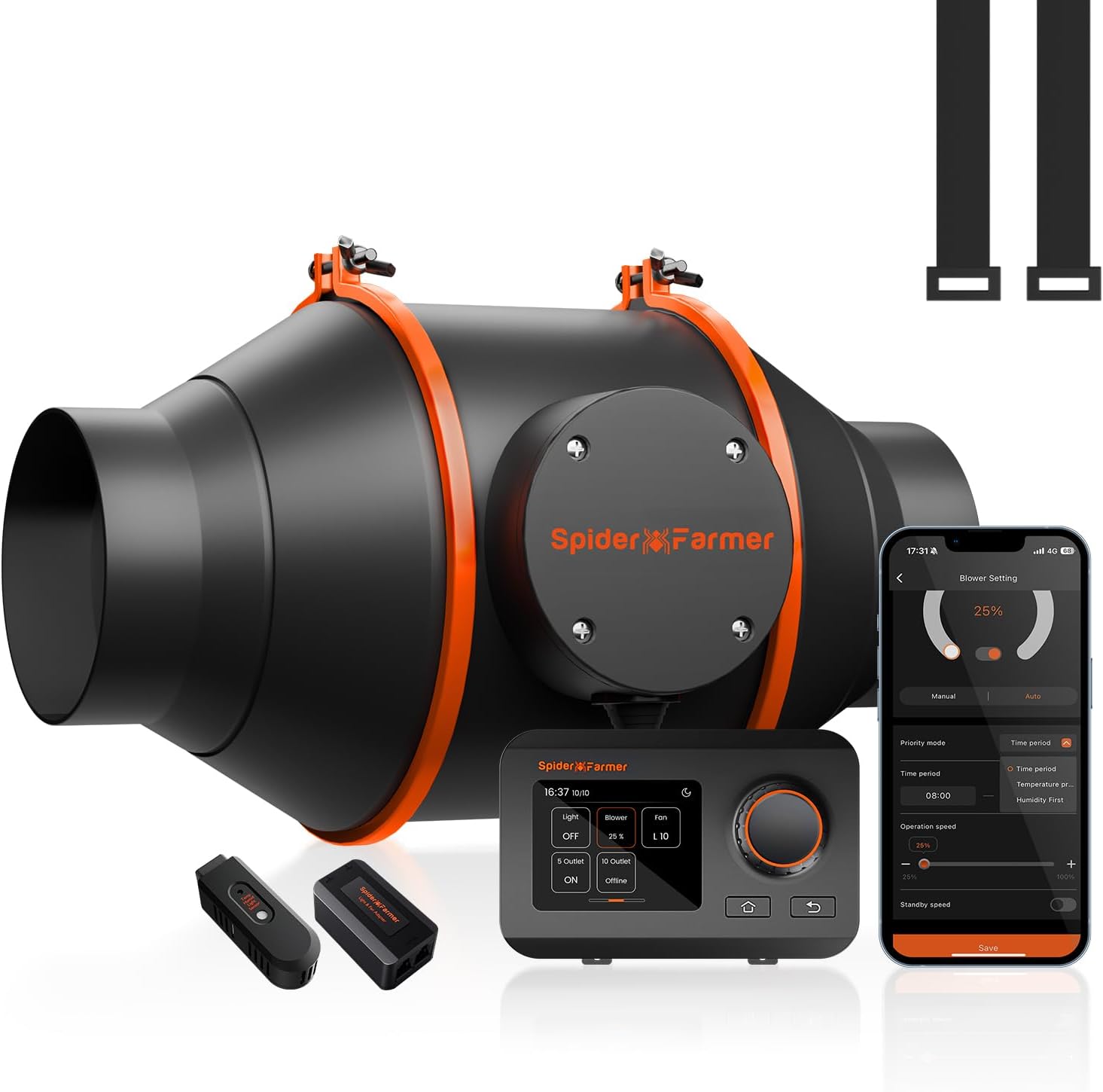 Spider Farmer Inline Rohrventilator 100mm/4 Inch mit GGS Temp Feucht Controller, 350m³/h EC Motor, 27W Grow Lüfter Belüftung Abluftventilator für Growzelt, Growbox, Hydrokultur