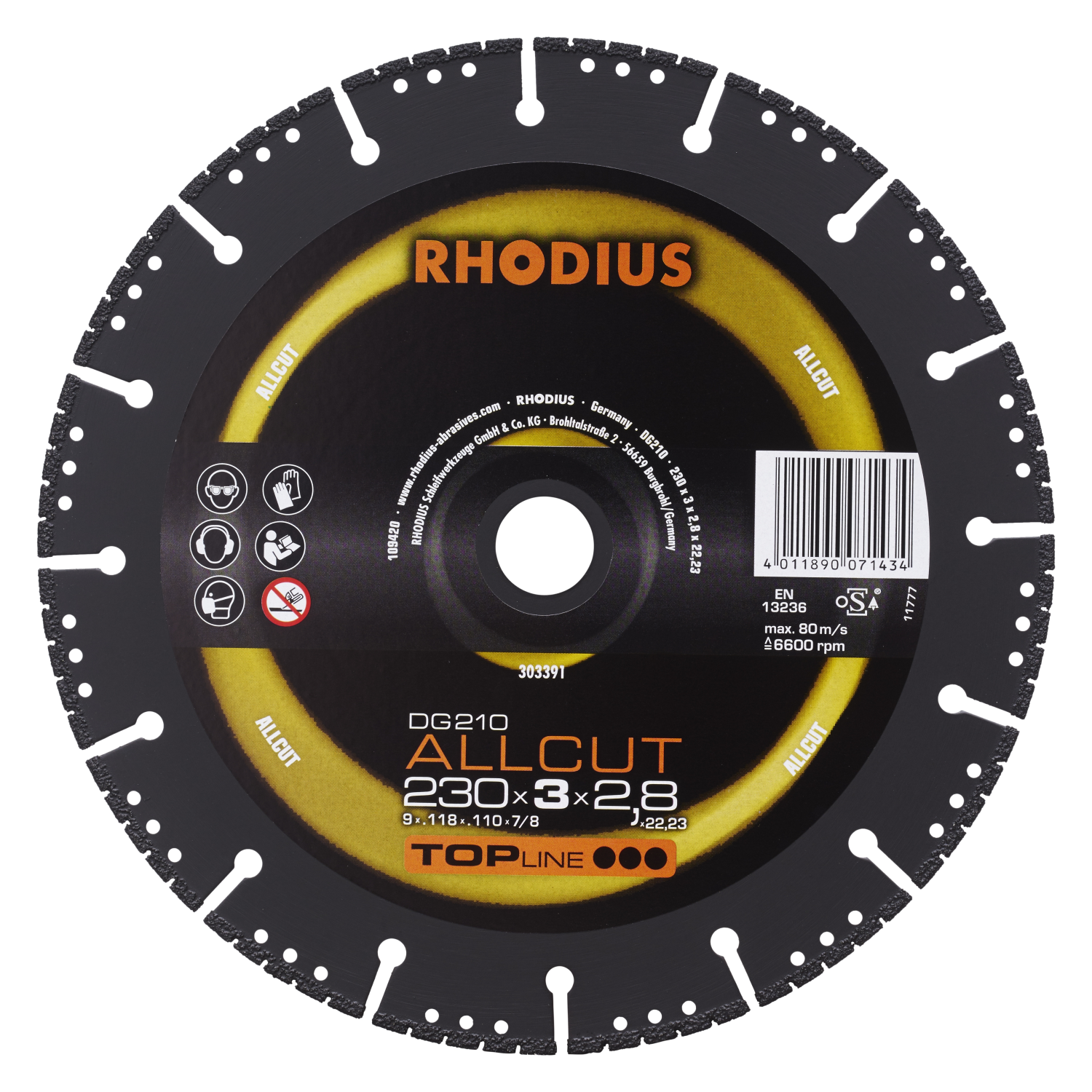 Rhodius 303391 TOPline lll DG210 Allcut Diamantdoorslijpschijf - 230 x 22,23 x 3mm - Universeel