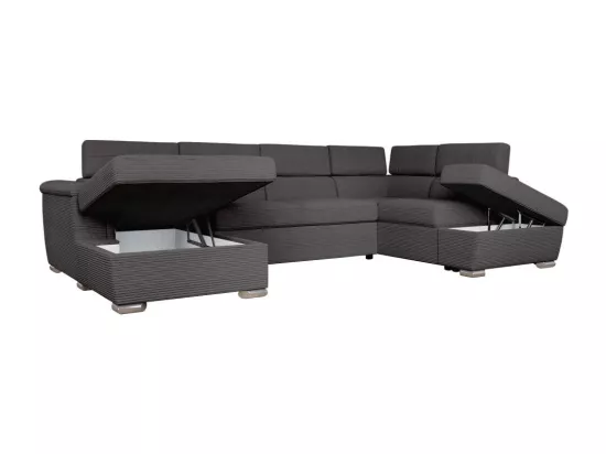 Canapé panoramique 6 places Paola convertible avec 2 coffres en velours côtelé - Gris - L320,5 x P188 x H76cm - Loungitude