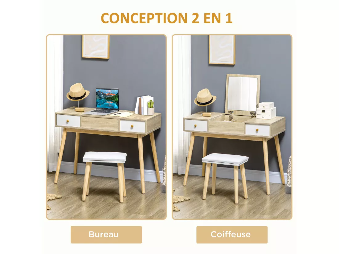 Coiffeuse avec tabouret style scandinave - 2 tiroirs, compartiment porte miroir - panneaux aspect chêne clair blanc