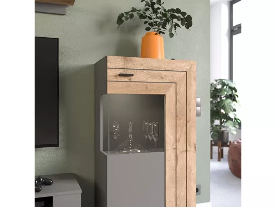 Armoire de Salon 1 porte battante Gris/Bois - NORFE - Dimensions: L 60 x l 37 x H 118 cm