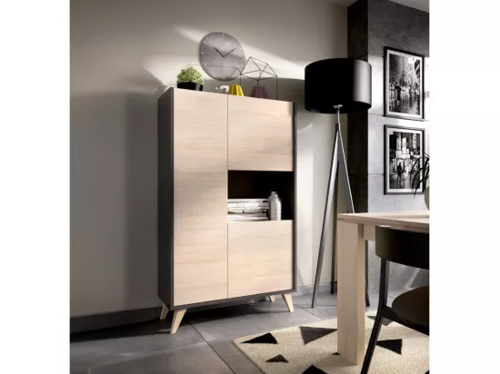 Buffet haut KOLYMA - 3 portes & 1 niche - Coloris : Chêne & Anthracite