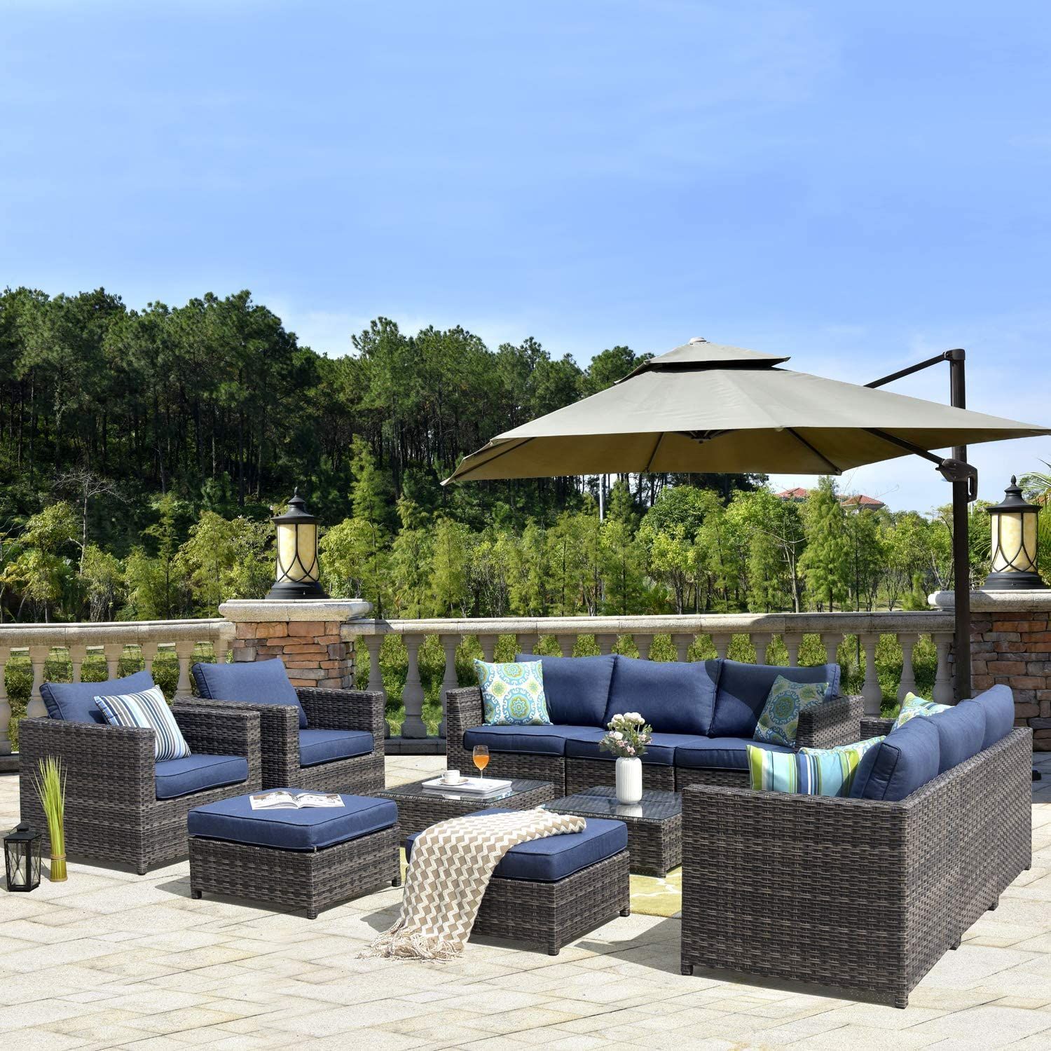 Outdoor Patio Furniture 12 Pcs Set ,Pe Rattan Wicker Sectional With 4 Pillows And Furniture Cover, No Assembly Required