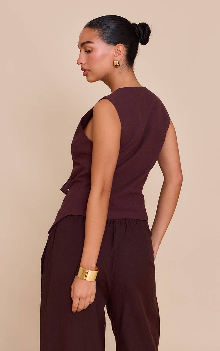 Chocolat Gilet Asymétrique À Boutons En Mélange De Lin Premium
