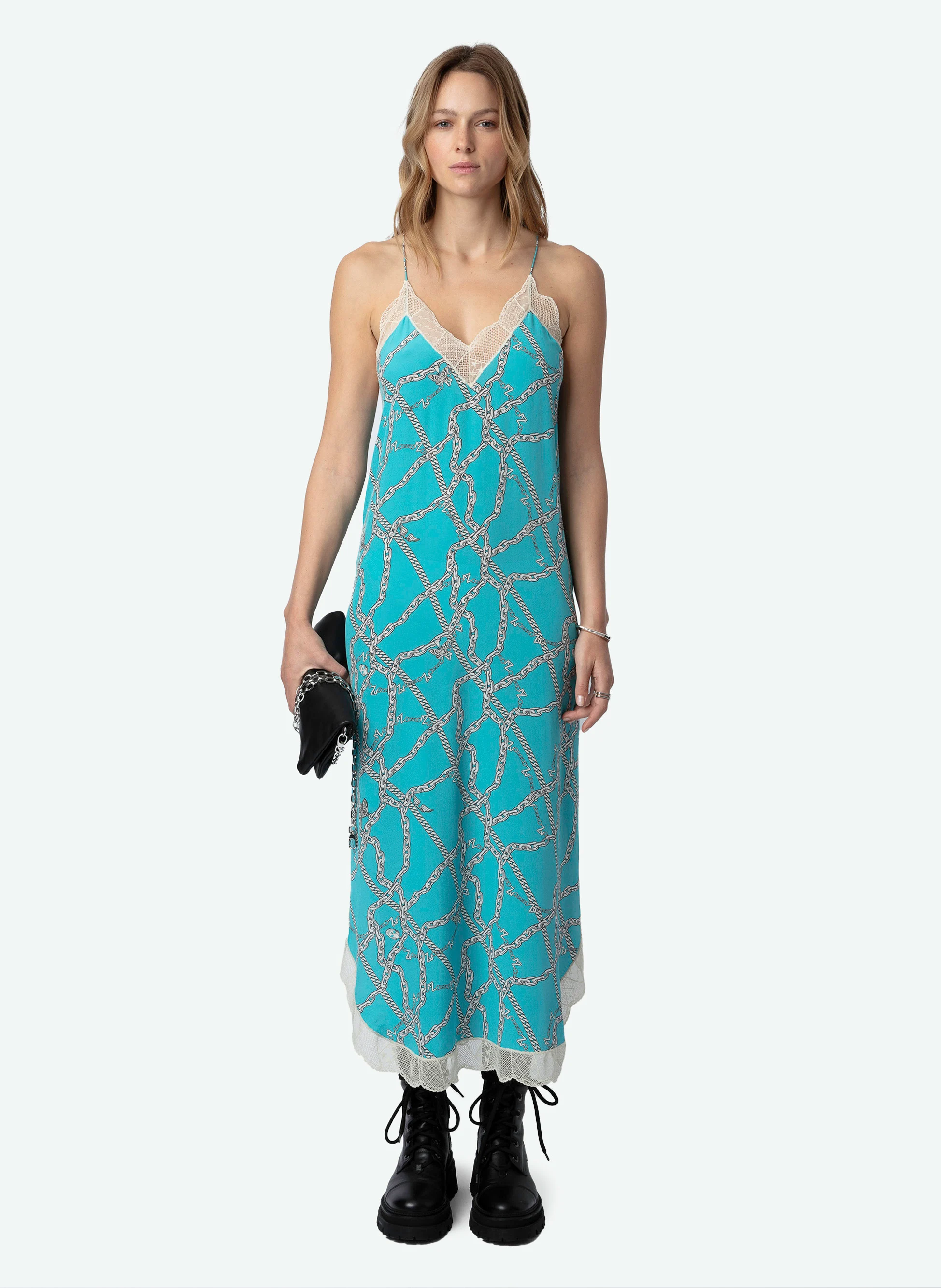 RISTYL - Robe longue imprimée à dentelle en soie | Bleu