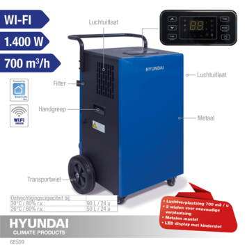 Hyundai bouwdroger 1400W - 90L p/d - met Wifi