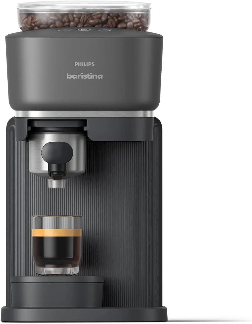 Baristina Espressomaschine - Real Espresso- made simple. Kompakte Kaffeemaschine- Schwarzgrau mit schwarzgrauem Siebträger- 16-bar-Pumpendruck- automatisches Mahlwerk- Cafe Crema (BAR300/60)