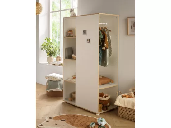 Meuble de rangement avec étagères et penderie en bois blanc et chant bois