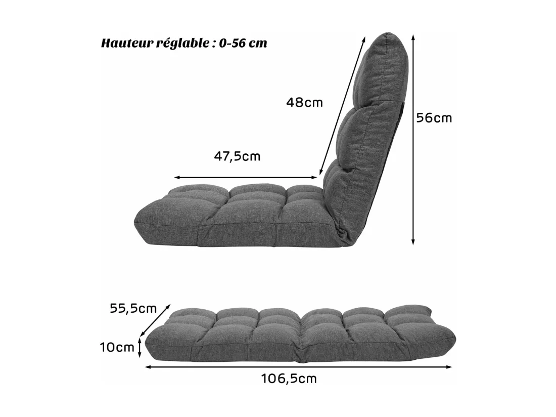 Chaise de Sol pour Méditation - 14 Positions Réglable Cadre en Acier Robuste Tissu en Coton et Lin Respirant,Housse Amovible et Lavable Idéal pour Salon et Salle d'étude (Gris)