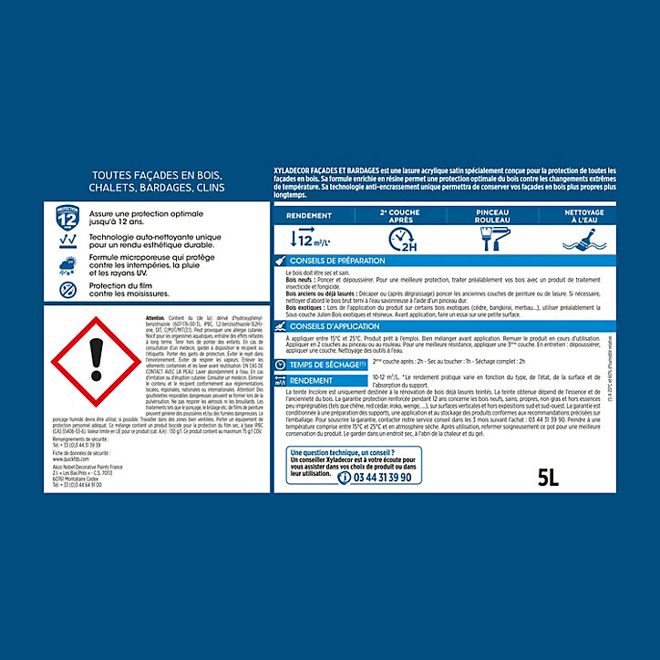 Lasure extérieure de protection pour façades et bardages Xyladecor satin 5L incolore