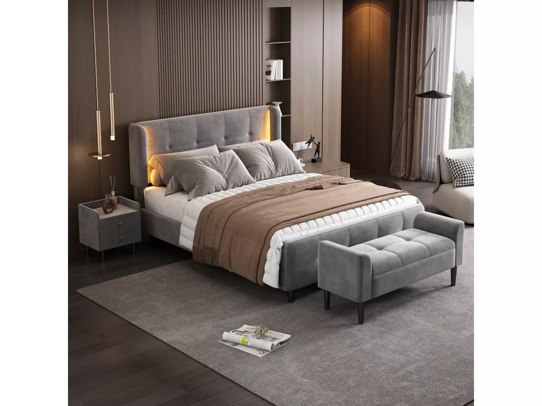 Ensemble lit 140 x 200 cm - tissu velours - table de chevet + bout de lit - sommier à lattes - coloris : gris