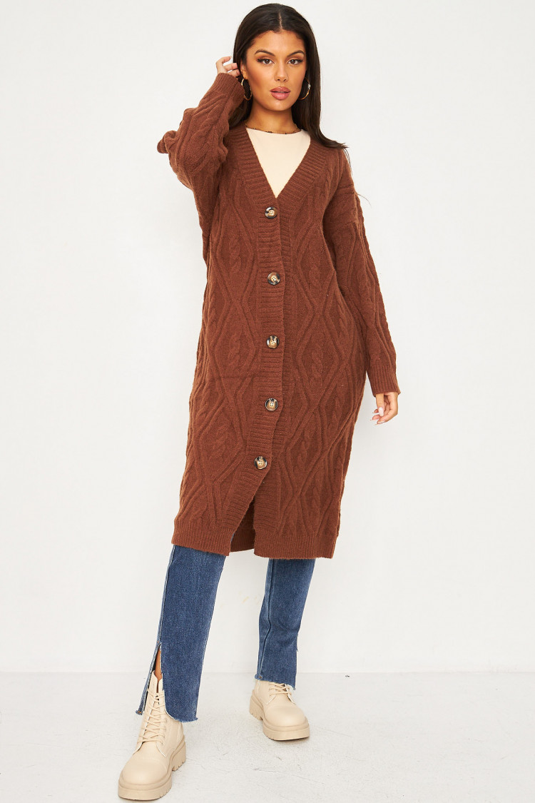 Gilet long en laine et maille marron
