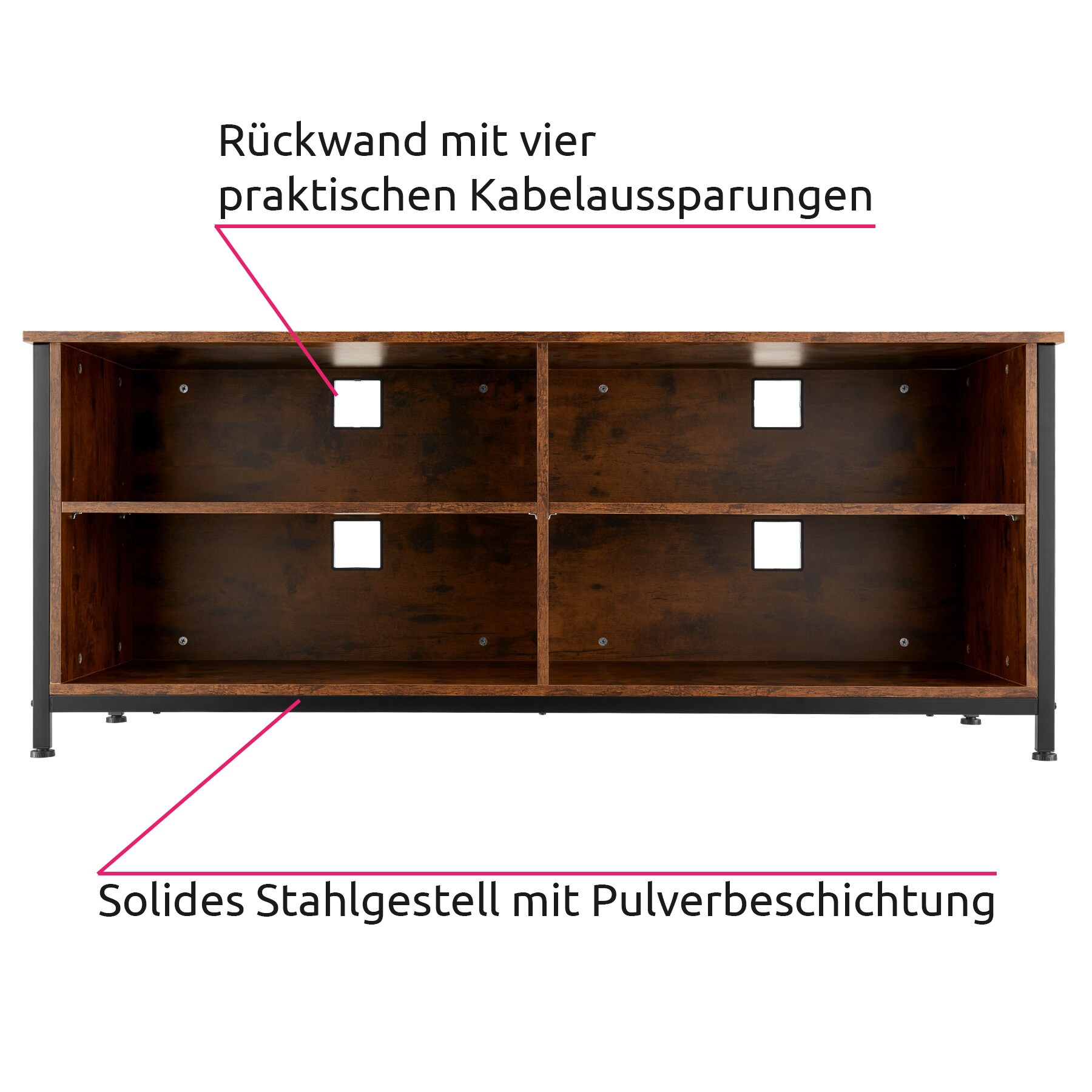 tectake® Sideboard, Industrial Style, 4 offene Fächer, 2 verstellbare Einlegeböden, 4 Kabelaussparungen, 147 x 41 x 60,5 cm